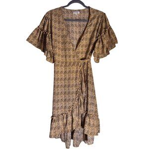 Max Studio Yellow Mosaic Print Wrap Dress Flowy Ruffle Sleeve Boho Chic